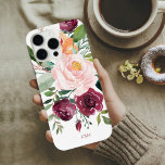 Coques iPhone 16 Pro Max Rustic Watercolor Botanical with Monogram<br><div class="desc">Beautifully feminine with rustic charm, this colorful botanical design features a bouquet of watercolor roses, mixed flowers and greenery in a trendy color scheme of burgundy, pink and russet orange with trailing greenery. A text template is included to personalize this design with your desired monogram initials, name or other text...</div>