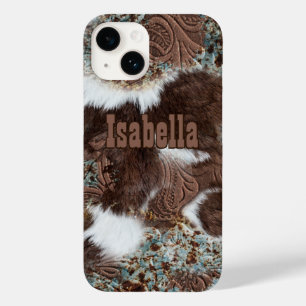 Coque Pour iPhone 14 Rustic Western Cowhide Imprimer Nom en cuir Brown