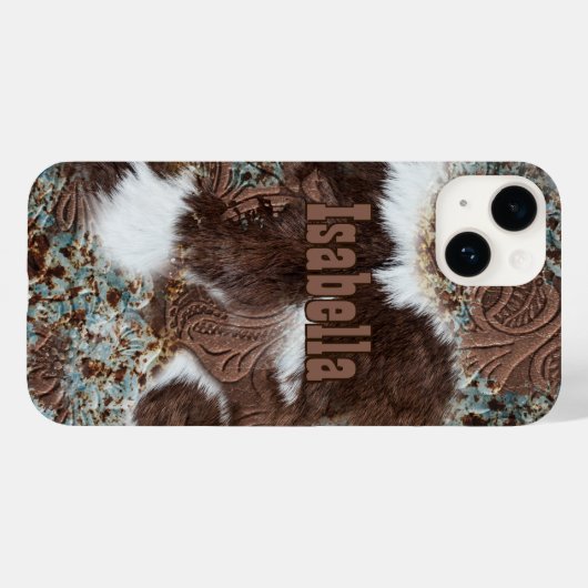 Coques Case-Mate iPhone Rustic Western Cowhide Imprimer Nom en cuir Brown (Verso (horizontal))