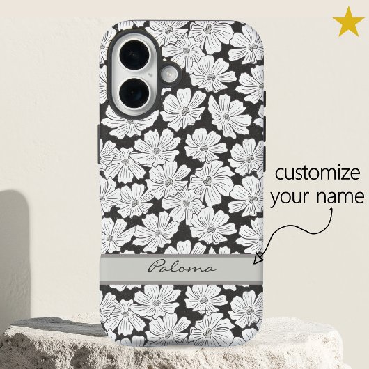 Coques Case-Mate iPhone Rustic White Flowers Sketch Black Gray Custom Name