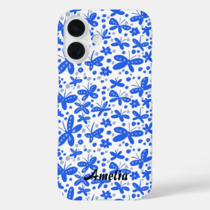 Coques iPhone 16 Sacoche porte-monnaie iPhone papillons bleu