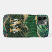 Coques Case-Mate iPhone Safari Animal Vert & Or Pailleté Agate Monogramme (Dos (Horizontal))