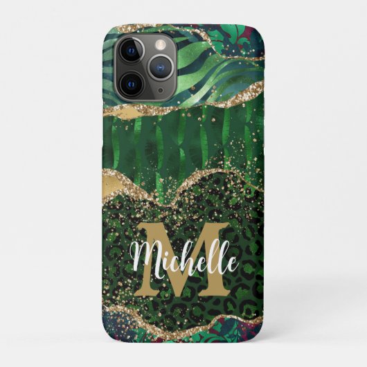 Coques Case-Mate iPhone Safari Animal Vert & Or Pailleté Agate Monogramme (Dos)
