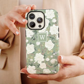 Coques Case-Mate iPhone Sage Green Chinoiserie Bird Peony Garden Monogramm