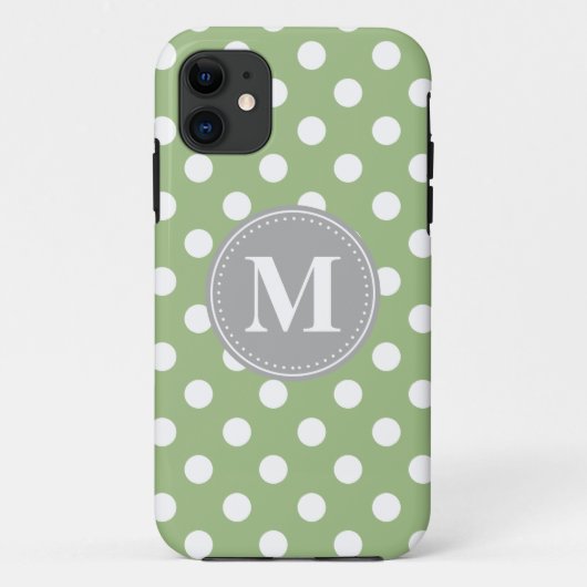 Coques Case-Mate iPhone Sage vert et blanc Pois gris Monogramme (Dos)