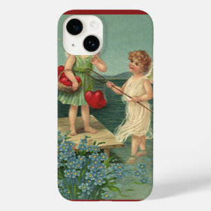 Coque Pour iPhone 14 Saint-Valentin vintage, Anges pêchant des cœurs