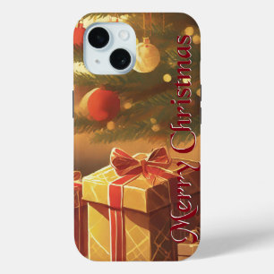 Coque Pour iPhone 15 Sapin de Noël avec des cadeaux dorés
