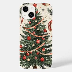 Coque Pour iPhone 14 Sapin de Noël Vintage Crème Rouge Toile Verte