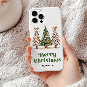 Coque iPhone 15 Mini Sapins de Noël originaux terreux verts or léopard