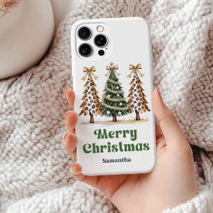 Coque iPhone 15 Mini Sapins de Noël personnalisés à motif léopard pixél