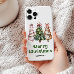 Coque iPhone 15 Mini Sapins de Noël tendance aquarelle cadeau léopard