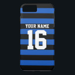 Coques Pour iPhone Sapphire Blue Black Sports Jersey Preppy Stripe<br><div class="desc">Preppy Sporty Rugby Striped Sapphire Blue, Black Team Jersey / Sports Jersey / Football Jersey Style, Custom Name, Custom Number Customisez ceci avec votre propre nom ou nom d'équipe et numéro. Vous pouvez modifier la taille, la couleur et l'emplacement du texte si vous devez apporter des modifications et ajouter du...</div>