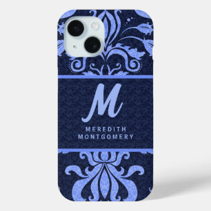 Coque Pour iPhone 15 Sapphire Blue Damask Fils avec Monogramme