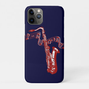 Coques Pour iPhone Saxophone rouge et notes sur fond bleu
