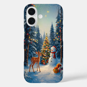 Coques iPhone 16 Scène d'arbre de Noël Cerf Faon Bonhomme de neige