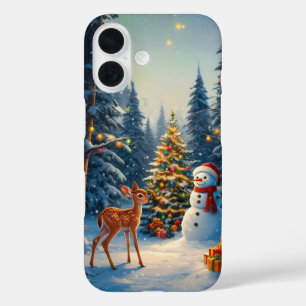 Coques iPhone 16 Scene d'arbre de Noël Cute Deer Fawn Snowman
