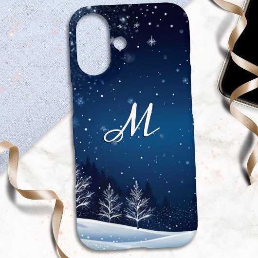 Coques Case-Mate iPhone Scène de neige de nuit d'hiver Monogramme bleu