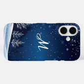 Coques Case-Mate iPhone Scène de neige de nuit d'hiver Monogramme bleu (Verso (horizontal))