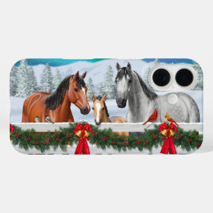 Coques iPhone 16 Scène de Noël Chevaux Gris Pommelé Bay Buckskin