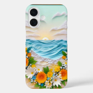 Coques iPhone 16 Scène vibrante de papier craft de vagues océanique