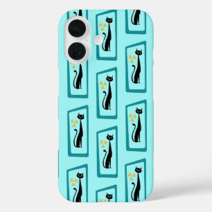 Coques iPhone 16 Schrödinger's Cat Mid Century Moderne bleu pâle