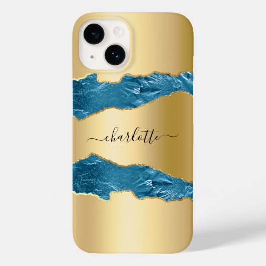 Coques Case-Mate iPhone Script de nom de marbre d'agate bleu or (Verso)