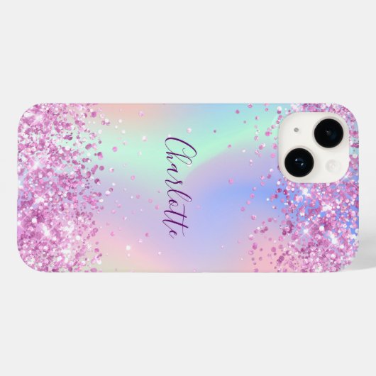 Coques Case-Mate iPhone Script de nom holographique rose violet (Verso (horizontal))