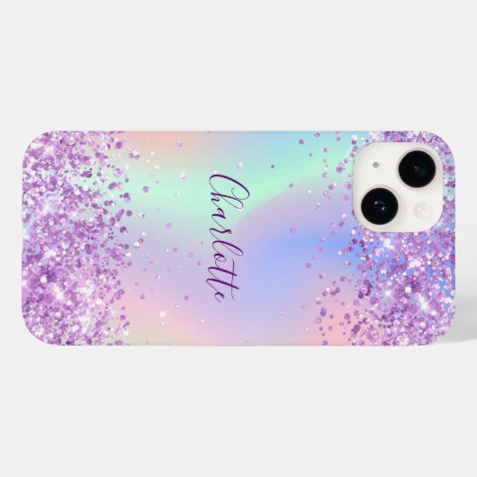 Coques Case-Mate iPhone Script de nom rose violet holographique (Verso (horizontal))
