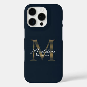 Coques iPhone 16 Pro Script de styliste métallisé bleu marine or monogr
