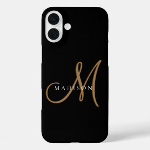 Coques iPhone 16 Plus Script élégant de monogramme noir et or
