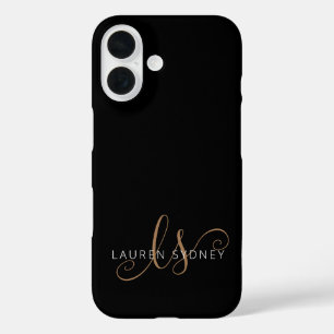 Coques iPhone 16 Script féminin Black Gold moderne Monogramme