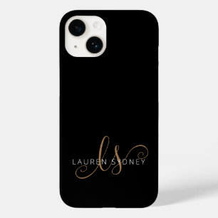 Coque Pour iPhone 14 Script féminin Black Gold moderne Monogramme