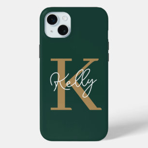 Coque iPhone 15 Mini Script moderne Emerald Green Gold