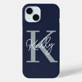 Coques Case-Mate iPhone Script Monogramme bleu marine moderne (Verso)