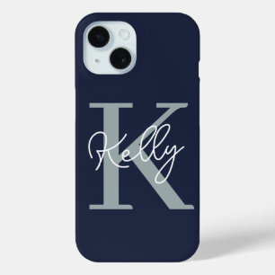 Coque Pour iPhone 15 Script Monogramme bleu marine moderne