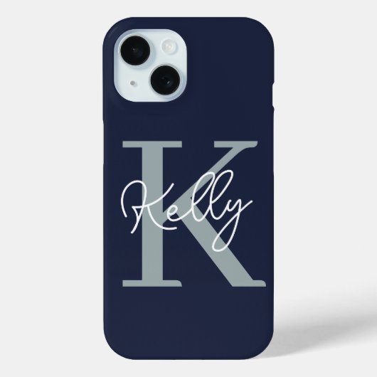 Coques Case-Mate iPhone Script Monogramme bleu marine moderne (Verso)