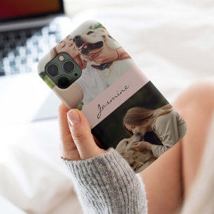Coque iPhone 15 Pro Script rose poudré personnalisé 2 photos pour amat