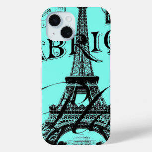 Coque Pour iPhone 15 Scripts bleu turquoise aqua Paris Tour Eiffel