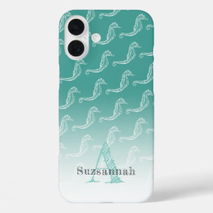 Coques iPhone 16 Plus Seahorse Skeleton Motif Sea Green Monogramme Nom