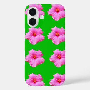 Coques iPhone 16 "Sérénité pétale : Hibiscus rose sur toile verte
