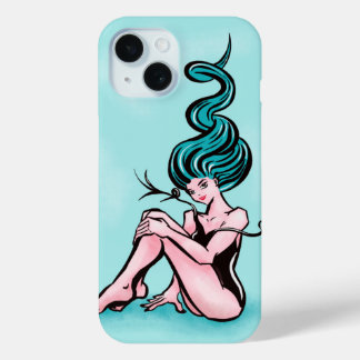 Coque Pour iPhone 15 Sexy Pin-up fille avec cheveux bleus