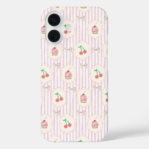 Coques iPhone 16 Shabby chic Baies roses cerises Cupcakes Retro