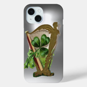 Coque Pour iPhone 15 SHAMROCK VERT IRLANDAIS HARP gris blanc