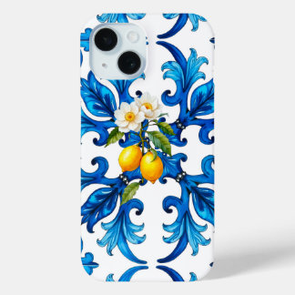 Coque Pour iPhone 15 sicilien, été, citron, mosaïque, bleu,