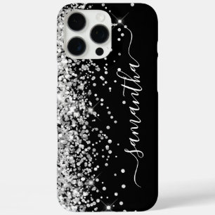 Coques iPhone 16 Pro Max Signature Féminin Noir Paillettes Argentées
