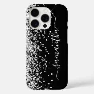 Coques iPhone 16 Pro Signature Féminin Noir Paillettes Argentées