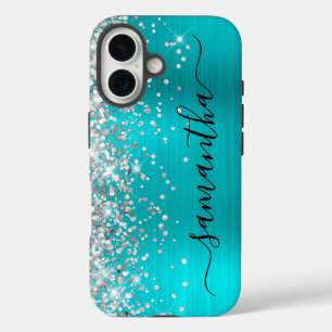 Coques iPhone 16 Signature girly Aqua Blue métallisé paillettes arg