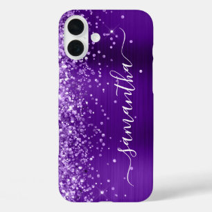 Coques iPhone 16 Plus Signature girly indigo violet pailleté