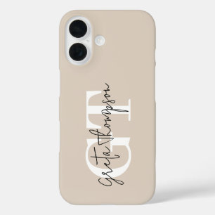 Coques iPhone 16 Signature Nom Monogramme Noir et Blanc Beige