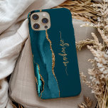 Case-Mate iPhone Case Signature personnalisée Turquoise Blue Gold Agate<br><div class="desc">Personnalisez ce design moderne élégant avec votre nom en écriture manuscrite couleur or verticale sur un arrière - plan bleu turquoise avec une bordure d'aquarelle bleue turquoise taillée avec une parties scintillant en faux or. (Pour conserver les swashes au début et à la fin du nom, ne remplacez que les...</div>